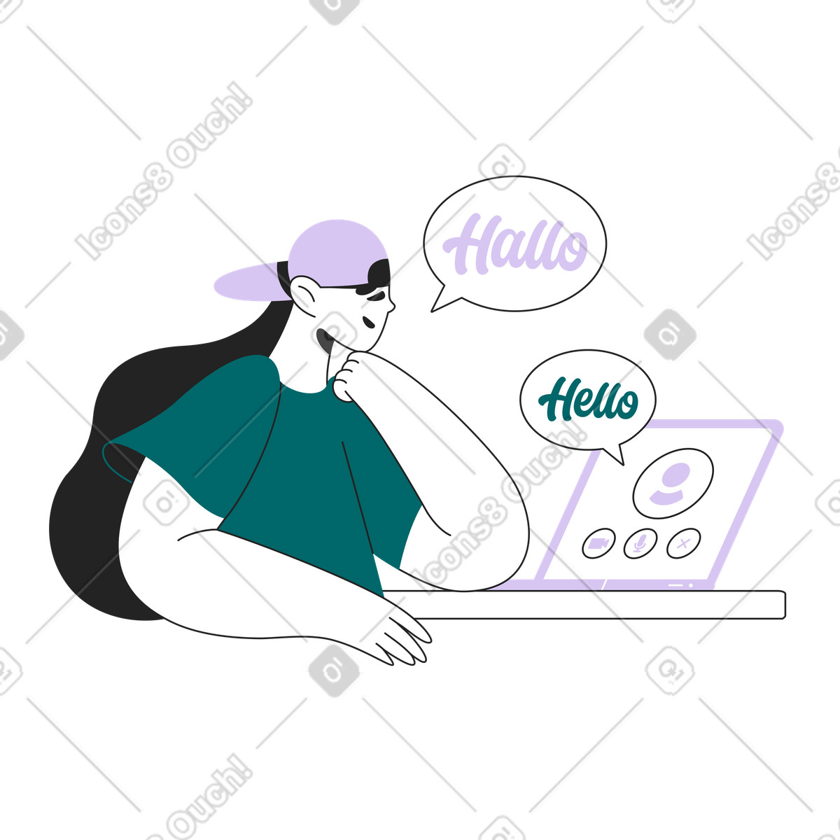 Student interacting with virtual tutor, Remote language practice session illustration in Sammy Line style download in PNG, SVG