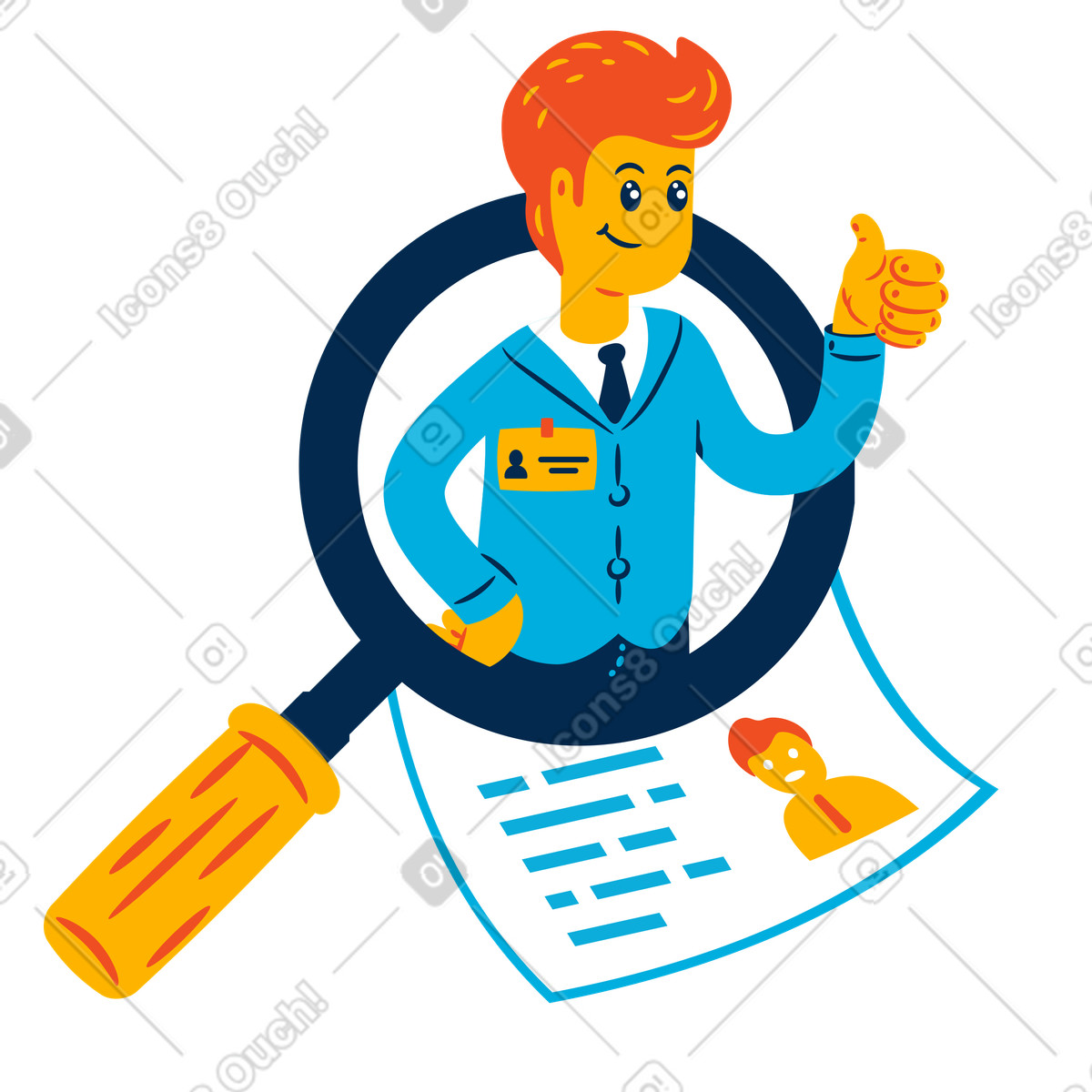 Der personalvermittler betrachtet den lebenslauf eines neuen mitarbeiters durch ein vergrößerungsglas-Illustration im Flame-Stil als Download in PNG, SVG