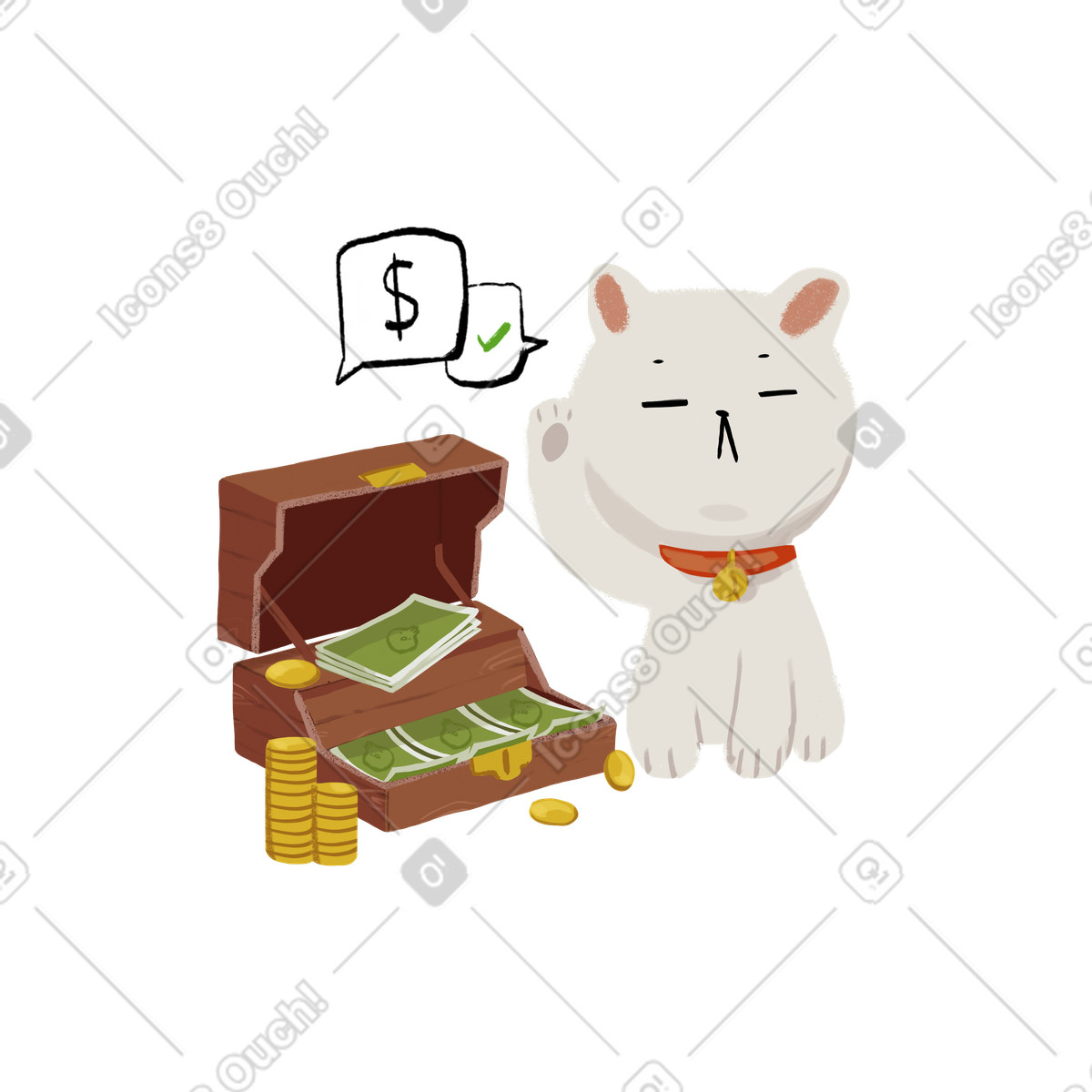 Ilustración Box of bills and coins with maneki neko en estilo Ikigai a descargar en PNG y SVG