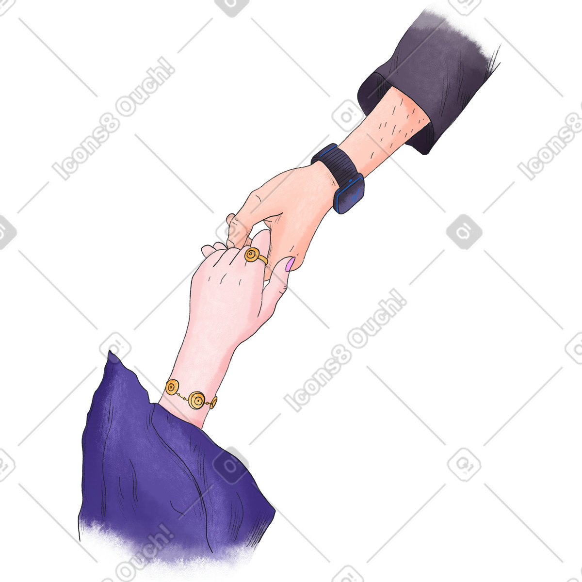 Männerhand hält frauenhand-Illustration im Moments-Stil als Download in PNG, SVG