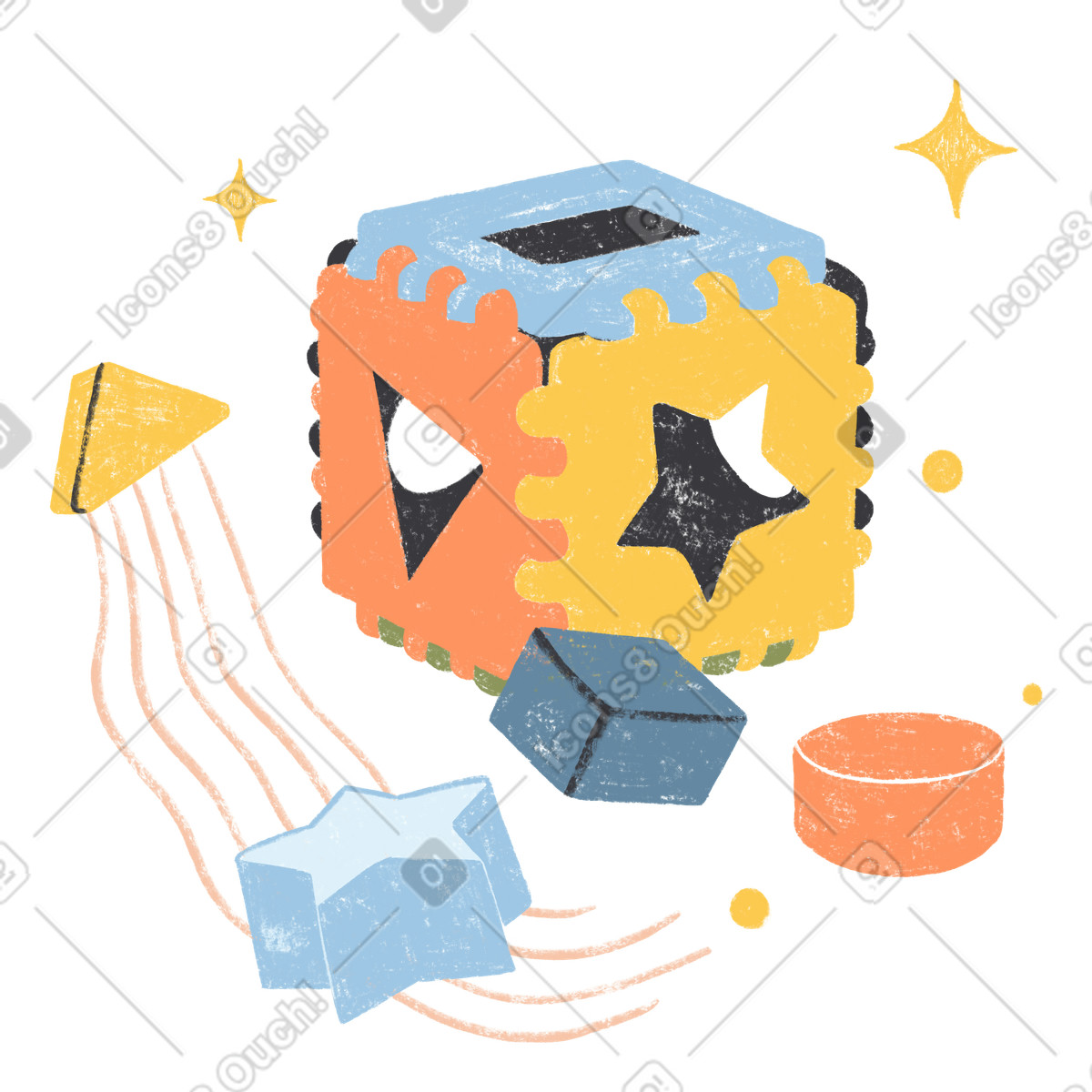 Shape sorting cube, Learning through play and motor skill development illustration in Chalky style download in PNG, SVG