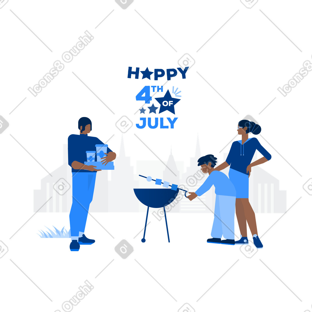 Family grilling outdoors, 4th of July holiday celebration illustrazione in stile Urban scarica in PNG, SVG
