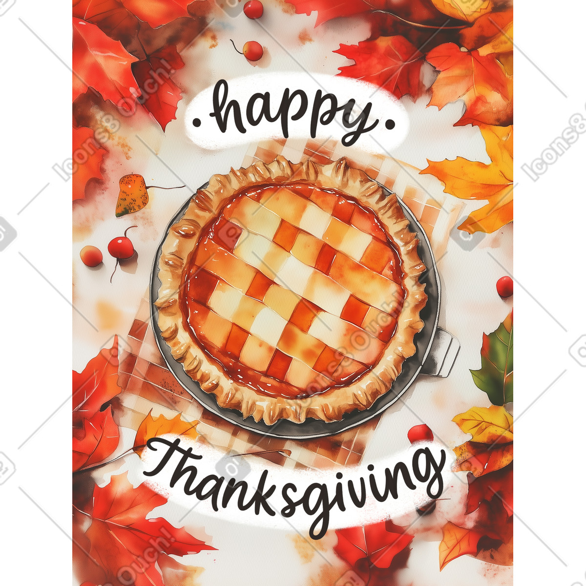 Thanksgiving postcard with a pie and happy lettering illustration in Postcards style download in PNG, SVG