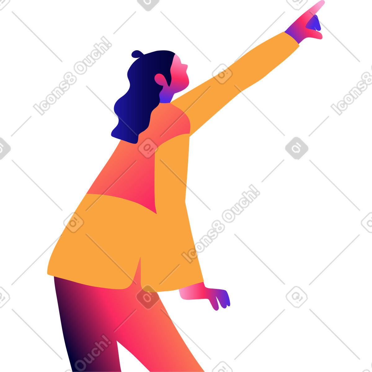 Illustration Vue latérale d'une femme pointant vers le haut avec sa main dans style Mix à télécharger aux formats PNG, SVG