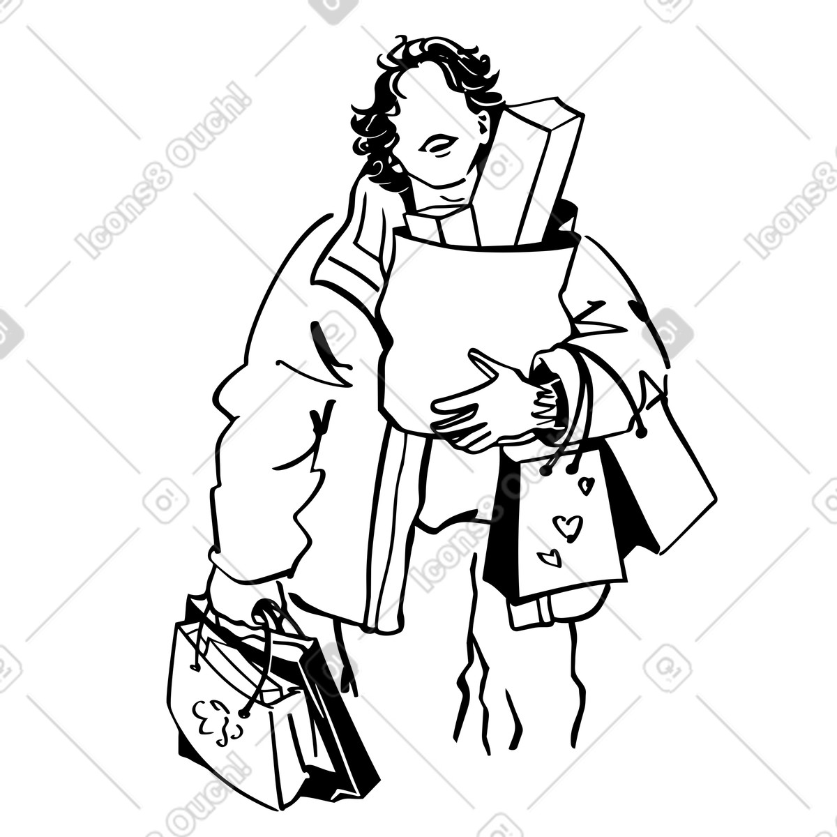 Carrying holiday shopping bags and gifts, gift-buying season illustration in Line style download in PNG, SVG
