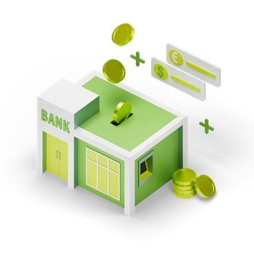 A bank building with coins and currency symbols - 3D Isometric style illustration