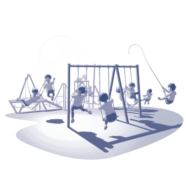 A playground filled with children engaged in various activities. Several children are swinging on swings, their bodies in mid-air, with expressions of joy and excitement. In the background, a jungle gym is visible, with children climbing and exploring its structure. The sun overhead casts distinct shadows on the ground, highlighting the playful scene. The playground is surrounded by grass and small trees, enhancing the lively atmosphere of outdoor play.