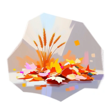 A ground covered with a vibrant mix of "autumn leaves" in shades of orange, yellow, and red, interspersed with "scattered wheat stalks." The leaves are in various stages of decay, some crisp and others still slightly fresh, creating a rich texture. The wheat stalks, golden and slender, stand out against the colorful foliage, adding a rustic touch to the scene. The composition captures the essence of fall with a peaceful atmosphere, highlighting the beauty of nature's transition.