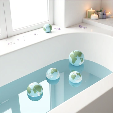 A white porcelain bathtub filled with clear water, reflecting soft light from a nearby window. Inside the bathtub, several colorful bath bombs shaped like miniature Earths are floating. Each bath bomb features vivid blue oceans and green continents, with white swirls representing clouds. Some bath bombs are partially submerged, creating gentle ripples in the water. The surrounding bathroom has a light marble countertop with scattered spa accessories, and a few lavender candles are softly glowing, adding a calming atmosphere.