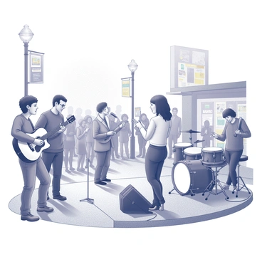 A diverse group of musicians is gathered on a bustling street corner. There are three musicians prominently featured: a man playing an acoustic guitar with a focused expression, a woman passionately singing into a microphone, and a drummer enthusiastically keeping the beat on a set of conga drums. In the background, an audience of onlookers is enjoying the performance, with some people swaying to the rhythm and others filming with their phones. Streetlights line the sidewalk, casting a warm glow over the scene, while colorful posters and flyers are posted on nearby walls. The musicians are dressed in a mix of casual clothing that reflects their unique styles and genres.