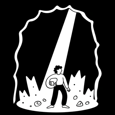 A shaggy figure standing inside a dark cave, gripping a flashlight tightly. The beam of light from the flashlight illuminates jagged rock formations and scattered stones on the cave floor. Shadows stretch across the walls, creating a sense of depth and mystery. The figure's posture indicates fear, with a slightly hunched stance and tense shoulders. The cave entrance is out of sight, enhancing the feeling of being enclosed in darkness.