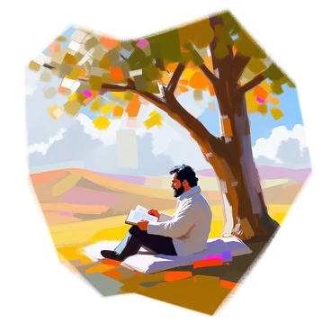 A young man resembling Karl Marx, with dark hair and a beard, is sitting beneath a large, leafy tree engrossed in a book. He is dressed in 19th-century attire, wearing a simple coat and trousers. The scene captures a gentle breeze rustling the leaves above him. In the background, a peaceful landscape unfolds, featuring rolling hills and a clear blue sky filled with soft, fluffy clouds. The sunlight filters through the tree branches, casting dappled shadows on the ground around him.