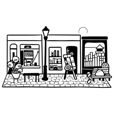 A quaint street with cobblestone pavement, lined with small bookshops. Each shop features a unique display of books in the windows, showcasing various genres and titles. One shop has a vintage typewriter displayed prominently alongside stacks of hardcovers, while another has a large, open book positioned on an easel. Potted plants with trailing vines are placed in front of each shop, and a few wooden benches invite passersby to sit and read. A streetlamp stands at the corner, casting a soft glow over the scene. The atmosphere is calm and inviting.