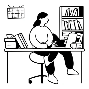 A woman sitting at a desk with a laptop open in front of her, focused on the screen as she takes notes in a notebook. She has long hair pulled back, wearing a comfortable sweater. Various papers and a pen are scattered around the desk. A coffee mug sits beside the laptop. The setting is a cozy room with a bookshelf in the background filled with various books. A calendar hangs on the wall, displaying the current month.