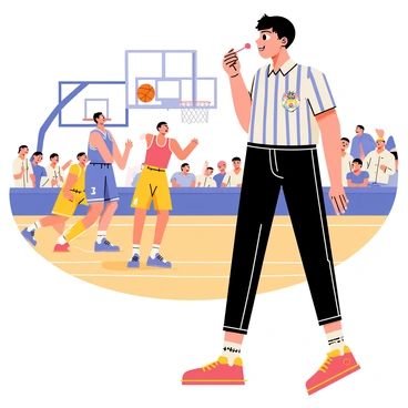 A basketball referee wearing a black and white striped uniform is positioned on the court, actively blowing a whistle. The referee has short black hair and a focused expression. In the background, players in colorful jerseys are competing intensely, with one player in mid-air attempting a dunk and two others closely guarding. The wooden court is marked with white lines, and a scoreboard displaying the game score is visible above. Spectators in the stands are cheering, adding to the atmosphere of excitement.