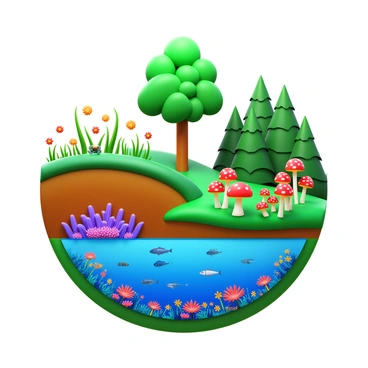 An illustration depicting various eukaryotes within different ecosystems. A vibrant green tree representing producers stands tall in one section, with lush leaves and branches extending upwards. In another area, a colony of mushrooms grows on the forest floor, symbolizing decomposers, with intricate details on their caps and stems. Nearby, a colorful coral reef is teeming with various fish, showcasing eukaryotic life in marine ecosystems. Additionally, a field filled with wildflowers illustrates eukaryotes interacting with pollinators like bees and butterflies. Each section is clearly defined, highlighting the diverse ecological roles and interactions of eukaryotes in their respective environments.