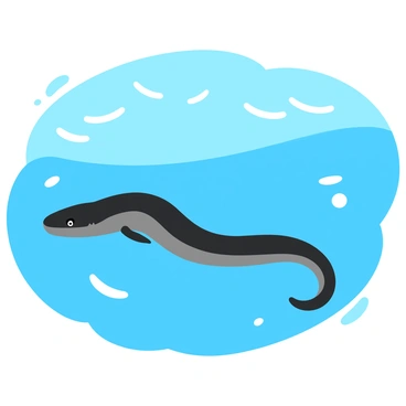 An electric eel swimming gracefully near the water's surface. The eel has a sleek, elongated body with a dark, speckled pattern along its back. The water is crystal clear, allowing for a vivid view of its reflection, mirroring its form. The surface of the water shows gentle ripples created by the movement of the eel. Sunlight filters through the water, casting soft beams and creating sparkling highlights around the eel's body.