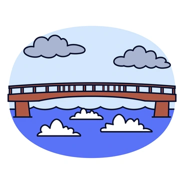 A sturdy bridge with a wooden structure spans over turbulent waters. The water is choppy with foamy whitecaps, suggesting a stormy atmosphere. Dark clouds roll across the sky, casting shadows over the scene. The bridge has strong support beams and a slightly arched shape, demonstrating resilience against the hostile environment. The turbulent waters below reflect shades of dark blue and gray.