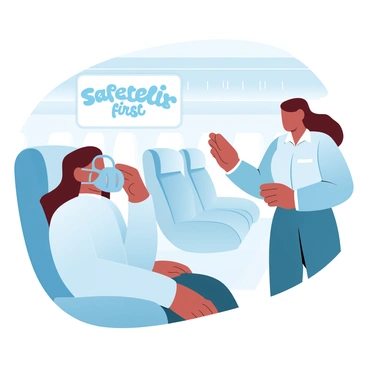 An airline passenger is seated in an airplane aisle, calmly wearing an oxygen mask. The passenger is dressed in a cozy sweater and has their hands resting on their lap. The safety demonstration is being conducted by a flight attendant standing nearby, who is demonstrating the proper use of the mask. The interior of the airplane is visible, with rows of seats and overhead compartments in the background. A large "safety first" sign is displayed in the cabin. The atmosphere is orderly and focused.