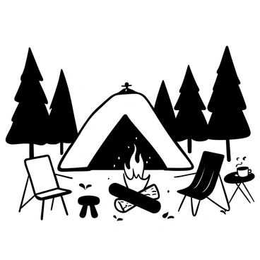 A tent set up in a clearing surrounded by tall pine trees, with a crackling campfire in the center. Flames and sparks are rising from the fire, casting light on a pile of neatly stacked firewood nearby. A few camping chairs are positioned around the campfire, with a small table holding an open book and a steaming mug. In the background, there are shadows of more trees, and the ground is covered with a layer of soft pine needles and leaves.