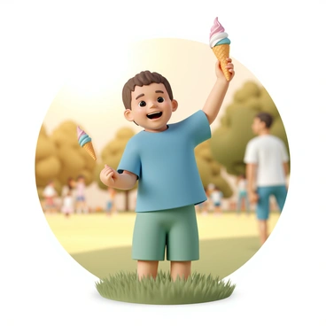 A toddler, wearing a bright blue t-shirt and green shorts, stands in a grassy park. The sun is shining down, casting warm light around. The child has a big smile on their face, showing excitement and joy. In one hand, they are holding a colorful ice cream cone, topped with a swirl of pink and white ice cream. The other hand is playfully raised in the air. Around them, there are a few blurred trees and people enjoying the sunny day in the background.