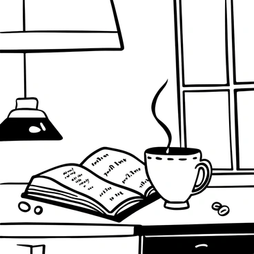 A steaming cup of coffee sitting beside an open Bible on a cozy kitchen counter. The coffee cup is white with a simple design, and wisps of steam rise gently from it. The pages of the Bible are slightly curled, revealing text and illustrations. The kitchen counter is made of dark wood, and there are a few scattered coffee beans nearby. Sunlight filters through a nearby window, creating soft shadows on the counter surface.