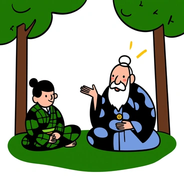 Tanjiro, a young boy with light skin and dark hair, is sitting cross-legged on a grassy area. He is wearing a dark green and black checkered kimono. Next to him is his mentor, an older man with light skin and a long, white beard, dressed in traditional clothing, conveying wisdom and experience. They are surrounded by tall trees, and soft sunlight filters through the leaves, creating a peaceful atmosphere. Tanjiro is attentively listening, looking inspired, while the mentor gestures with his hands, emphasizing the lessons being shared.