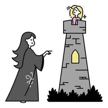 A tall witch with long, dark hair stands at the base of a stone tower. She is wearing a flowing dark robe, with intricate patterns etched into the fabric. Her face has a stern expression, with sharply defined cheekbones and piercing eyes that convey authority. The tower, made of grey stones, has a round shape and a single window at the top where a golden-haired woman, Rapunzel, is peering out. The witch holds a twisted staff in one hand, pointing towards the tower, while a dark forest surrounds the base of the tower, adding to the scene's gravity.