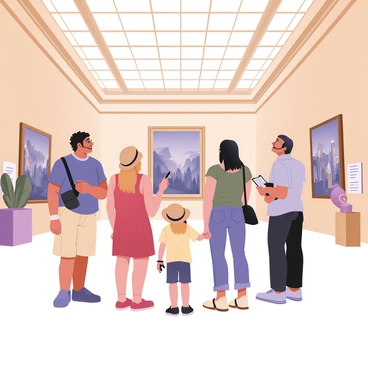 A digital flat illustration showing a group of five tourists gathered in a grand museum hall. The hall features tall ceilings with ornate architectural details and large windows allowing sunlight to pour in. The tourists are diverse in appearance: one man has curly dark hair and is wearing a blue shirt and beige shorts, another woman has straight black hair and is dressed in a red sundress with a straw hat. A third tourist is a woman with short blonde hair wearing a green tank top and denim jeans, while the fourth is a man with glasses and a light gray polo shirt. The last tourist is a young girl with pigtails dressed in a yellow dress. They are all looking up in awe at a large, impressive painting on the wall, and a friendly tour guide, holding a clipboard, points towards the artwork while explaining its significance. Various sculptures and artifacts are displayed around the hall, adding to the cultural atmosphere.