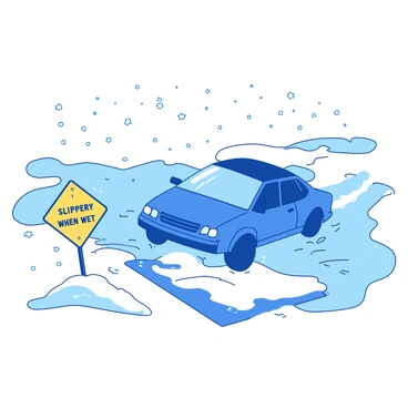 A car skidding on icy roads during a snowstorm, with a nearby warning sign.