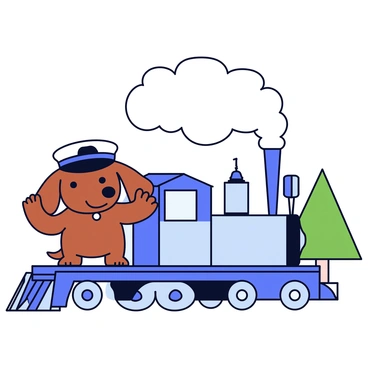 A dachshund with a black and white striped train conductor's hat is standing proudly at the front of a vintage steam locomotive. The dog has brown fur and a cheerful expression as it waves with one paw. The steam locomotive is detailed with shiny metal parts and a large, round front headlamp. Thick plumes of steam billow from the smokestack, creating a dynamic atmosphere. The background shows a simple landscape with green trees and a clear sky.