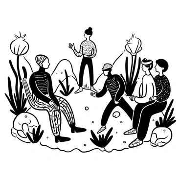 A group of aliens with elongated bodies and intricate patterns on their skin is gathered in a circular formation. They are engaged in a discussion, with one alien standing slightly elevated at the center, gesturing with elongated limbs. The scene is surrounded by glowing alien vegetation, featuring tall, spindly plants with luminescent tendrils reaching outwards. The ground is uneven, dotted with larger, bulbous flora emitting a soft light. In the background, peculiar rock formations rise, adding to the otherworldly atmosphere. The overall composition depicts a scene of intense debate amidst a unique alien landscape.