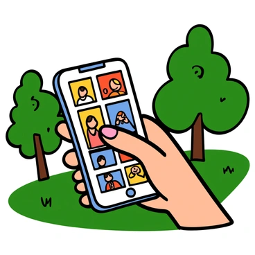 A close-up of a light-skinned hand with neatly groomed nails scrolling through a smartphone screen. The smartphone displays colorful photos, showing bright images of nature and friends. In the background, there are blurred green trees and grass, indicating a park setting. Soft sunlight filters through the leaves, creating a pleasant ambiance, enhancing the feeling of relaxation and leisure.