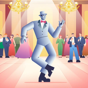 The Tin Man is dancing gracefully in an elegant ballroom, showcasing his polished metallic body that glints in the soft light. He is wearing a formal bow tie and has his arms extended as he twirls in a waltz. The ballroom features high ceilings with intricate chandeliers hanging from above, casting a warm glow across the polished wooden floor. In the background, elegantly dressed guests are watching the performance, their attire reflecting a classic and sophisticated style. The walls are adorned with ornate moldings and rich, deep colors that enhance the opulent atmosphere of the ballroom.
