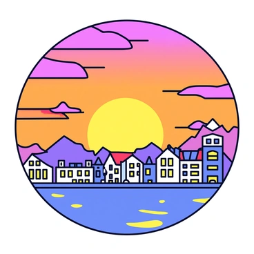 A vibrant sunset is taking place over the city of Bergen. The sky is filled with shades of orange, pink, and purple as the sun sets on the horizon. The skyline of Bergen is visible, featuring a mix of varied buildings, some with pointed roofs and others with modern designs. The warm golden glow from the sunset reflects off the windows of the buildings, creating a shimmering effect. The scene captures the essence of the city during this picturesque moment.