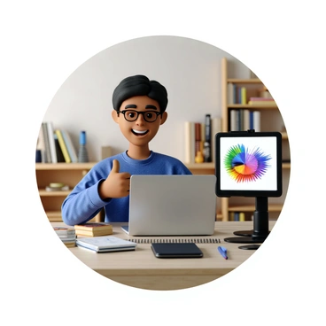 A person with medium skin, wearing glasses and a blue shirt, sits in front of a laptop during a video call. The background features a well-organized home office with shelves filled with books and art supplies. The person is smiling and giving a thumbs up with one hand, while the other hand is resting on the laptop. The screen displays a digital illustration created by an artist, showcasing vibrant colors and dynamic designs.