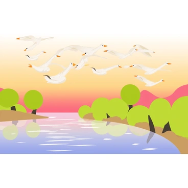 A flock of migratory birds with various wing shapes, such as swans and geese, is flying in a V-formation over the "Nile River." The river reflects the warm orange and pink hues of the "sunrise" sky. Nearby lush green trees line the banks of the river, while gentle ripples create a serene surface. The scene captures the essence of nature's beauty with the birds gracefully soaring above the tranquil landscape.