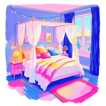 A cozy bedroom features a "canopy bed" draped with sheer white fabric. The bed is adorned with "fluffy pillows" of various sizes and colors. "Fairy lights" are strung across the walls, casting a warm, inviting glow. A small bedside table holds a "lamp" with a soft yellow shade. The floor is covered with a "soft rug" that complements the color scheme of the room. A window reveals a glimpse of the evening sky outside, adding to the tranquil atmosphere.