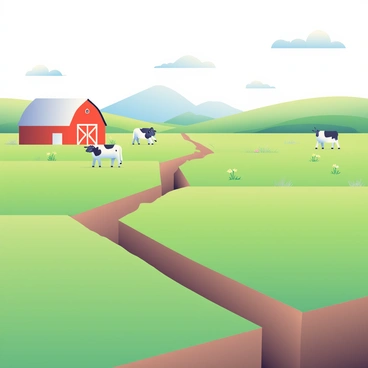 A rural farm is set in an expansive landscape. In the foreground, there are lush green fields, meticulously divided by a prominent fault line that runs diagonally across the scene. The fault line is marked by a small ridge and cracks in the soil, clearly visible against the vibrant greenery. To the left, there's a rustic red barn with a white roof, surrounded by grazing cows. In the distance, rolling hills can be seen, with patches of wildflowers dotting the landscape. A clear blue sky stretches above, with a few wispy clouds drifting peacefully.