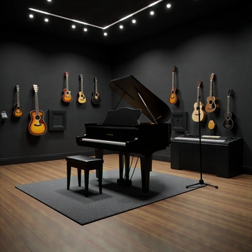 A spacious 3D music studio featuring dark soundproof walls that absorb sound. In the center, there is a grand piano with a polished black finish, its keys gleaming under the studio lights. To one side, a collection of guitars is displayed on the wall, showcasing various styles including an electric guitar with a sunburst finish and an acoustic guitar with a natural wood color. The studio is equipped with professional recording equipment, including a mixing console and microphones strategically placed around the room. Soft lighting creates a focused atmosphere, ideal for music creation.