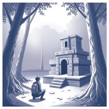 An adventurer is exploring an overgrown Mayan jungle. Towering trees with thick, twisting roots surround the scene, while dense vines hang down from the branches. Sunlight filters through the canopy, casting dappled shadows on the forest floor. In the center of the image, the adventurer, clad in a rugged outfit, is kneeling before a partially buried stone temple. The temple features intricate carvings depicting ancient deities and symbols. Nearby, there are crumbling stone steps leading up to the temple entrance, partially obscured by foliage. The atmosphere conveys a sense of discovery and mystery.