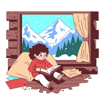 A small child is sitting on a wooden floor inside a cozy log cabin, deeply focused on reading a book. The child has curly brown hair and is wearing a warm red sweater. The open book rests on their lap, and they are propped up against a large, soft beige cushion. Through a large window behind the child, towering snowy mountains are visible, their peaks glistening under the sunlight. A gentle snowfall can be seen outside, creating a peaceful winter landscape. The cabin is filled with rustic wooden furniture and a few scattered colorful blankets.