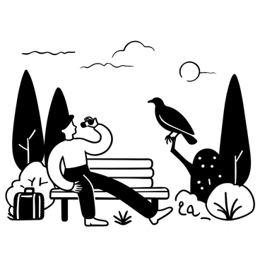 A birdwatcher holding a pair of binoculars with one hand, intently focused on observing a large California condor perched on a nearby branch. The park is filled with tall trees and lush bushes surrounding the birdwatcher. There are scattered wildflowers on the ground, adding to the natural scenery. The sky above is clear, allowing for a full view of the condor's wingspan. A park bench is positioned nearby, and a backpack rests on the ground next to the birdwatcher.