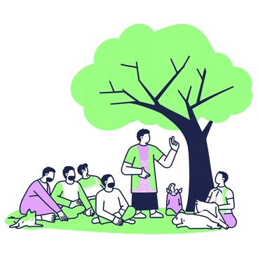 A small village community gathered under a large tree for a sermon, with everyone intently listening
