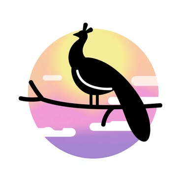 A silhouette of a peacock is perched on a slender tree branch. The peacock's elegant shape is prominent, with its long tail feathers cascading down. The background features a colorful sunset, with vibrant hues of orange, pink, and purple blending seamlessly. The tree branch extends horizontally across the image, contrasting with the rich colors of the sky. The scene captures the distinct and beautiful outline of the peacock against the vivid backdrop.