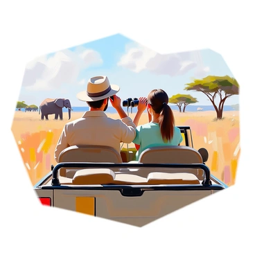 A couple sitting in a Jeep, observing elephants at a distance. The man has short dark hair and is wearing a khaki shirt and a wide-brimmed hat. He is raising binoculars to his eyes, focused on the elephants. Beside him, a woman with long brown hair tied back is also looking through binoculars, dressed in a light green shirt. The Jeep is set in a natural landscape with tall grass and acacia trees visible in the background. A herd of elephants can be seen grazing in the distance, their large silhouettes contrasting against the horizon. The sky is clear with soft clouds.