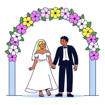 A bride in a white wedding dress with delicate lace details and a long veil walks hand in hand with a groom dressed in a classic black tuxedo. They are passing through an archway adorned with vibrant flowers in shades of pink, yellow, and white. The archway is elegantly shaped, with blooms cascading down and framing the couple. Sunlight filters through the flowers, casting soft shadows on the ground below.