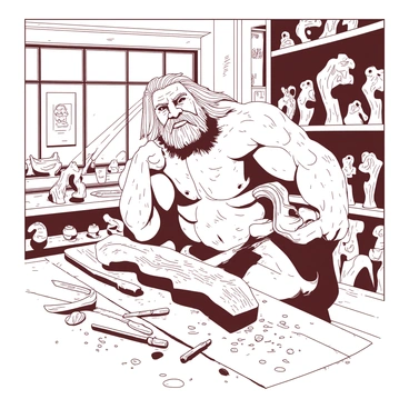A large, muscular figure named Beorn is focused on skillfully carving a wooden sculpture in his workshop. The workshop is filled with various tools and wooden shavings scattered across the floor. Beorn, with a rugged appearance and long hair, is using a chisel and mallet to shape a large piece of wood into a detailed animal figure. Sunlight streams in through a window, highlighting the intricate patterns he is creating. Numerous completed wooden sculptures are displayed on shelves around the workshop.