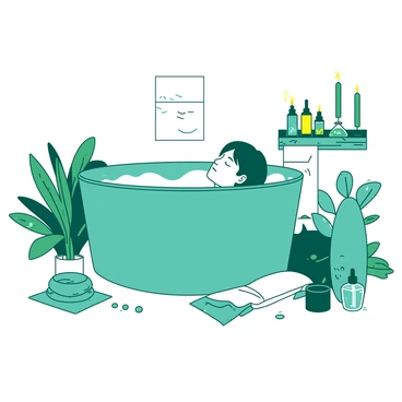 A teal bathtub is filled with bubbles, and a person with closed eyes is relaxing in the tub. Soft light from several yellow candles flickers along the edge of the bathtub, casting gentle shadows. Various green plants are placed around the bathroom, adding a touch of nature. A small wooden shelf holds a few bottles of essential oils, and a fluffy white towel is neatly folded nearby. The scene conveys a sense of tranquility and self-care.