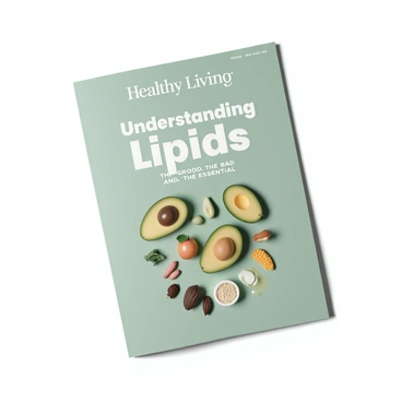 A health magazine cover with the title "Healthy Living" at the top in bold letters. The cover features a prominently placed headline that reads "Understanding Lipids: The Good, The Bad, and The Essential" in a large, eye-catching font. Below the headline, there is an image of various foods rich in healthy lipids, including avocados, nuts, and olive oil, arranged aesthetically. The background is a light green, giving a fresh and vibrant feel, while the magazine's issue date is displayed in the top corner. The overall layout is clean and professional, inviting readers to explore the content.